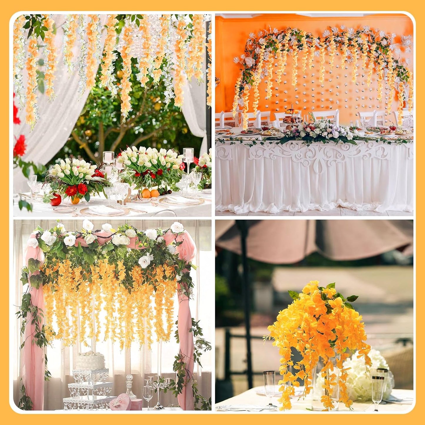 24 Pack Orange Wisteria Hanging Flowers Garland, 3.77 Feet Artificial Flower Vines, Fake Wisteria, Artificial Vines Hanging Garland for Backdrop Outdoor Yard Garden Decor