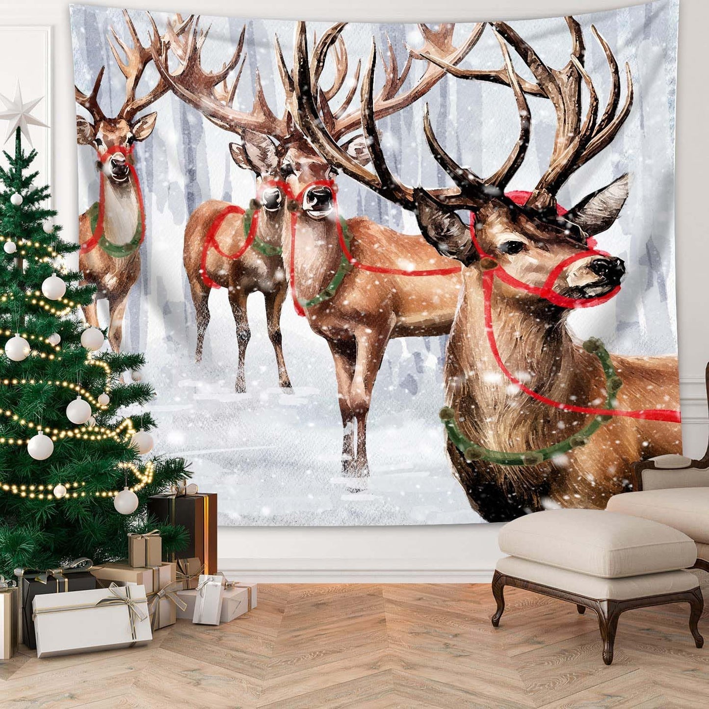 QGHOT Winter Tapestry Wall Hanging Winter Forest Backdrop Christmas Snowy Deer Wall Decor Snow Elk Tapestries for Bedroom Living Room Dorm Party Decoration, Large