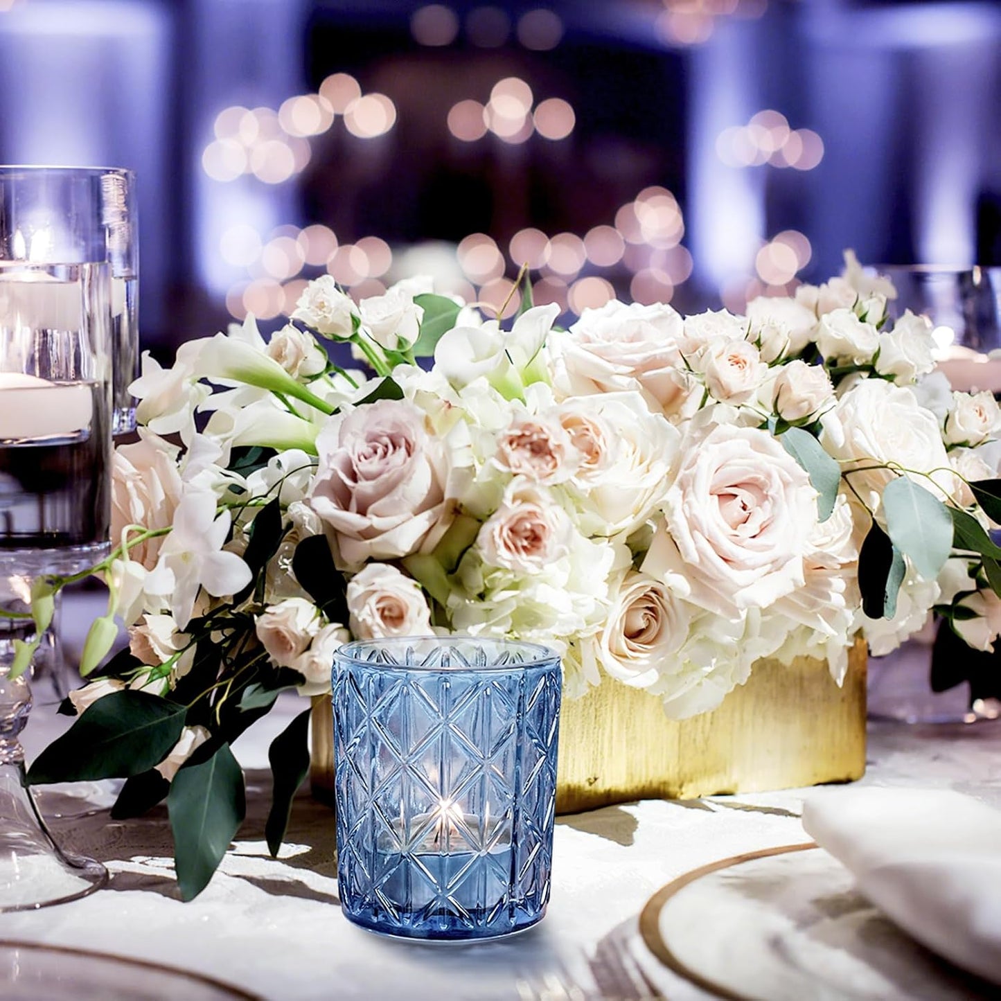 48pcs Blue Votive Tealight Candle Holders, Glass Tea Light Candle Holders for Table Centerpieces, Candle Holder for Wedding Decor, Gift, Home Decoration（Blue,48）