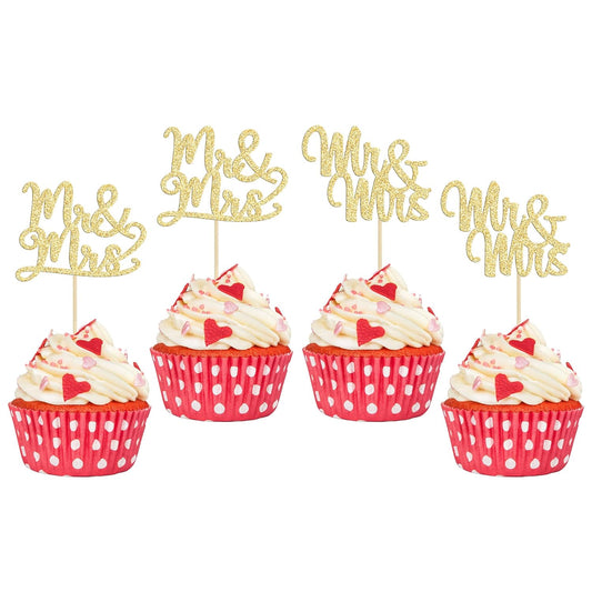Gyufise 36Pcs Mr & Mrs Cupcake Toppers Love Mr Mrs Cupcake Picks Gold Glitter Wedding Cucpake Toppers Bridal Shower Cake Decorations Party Supplies