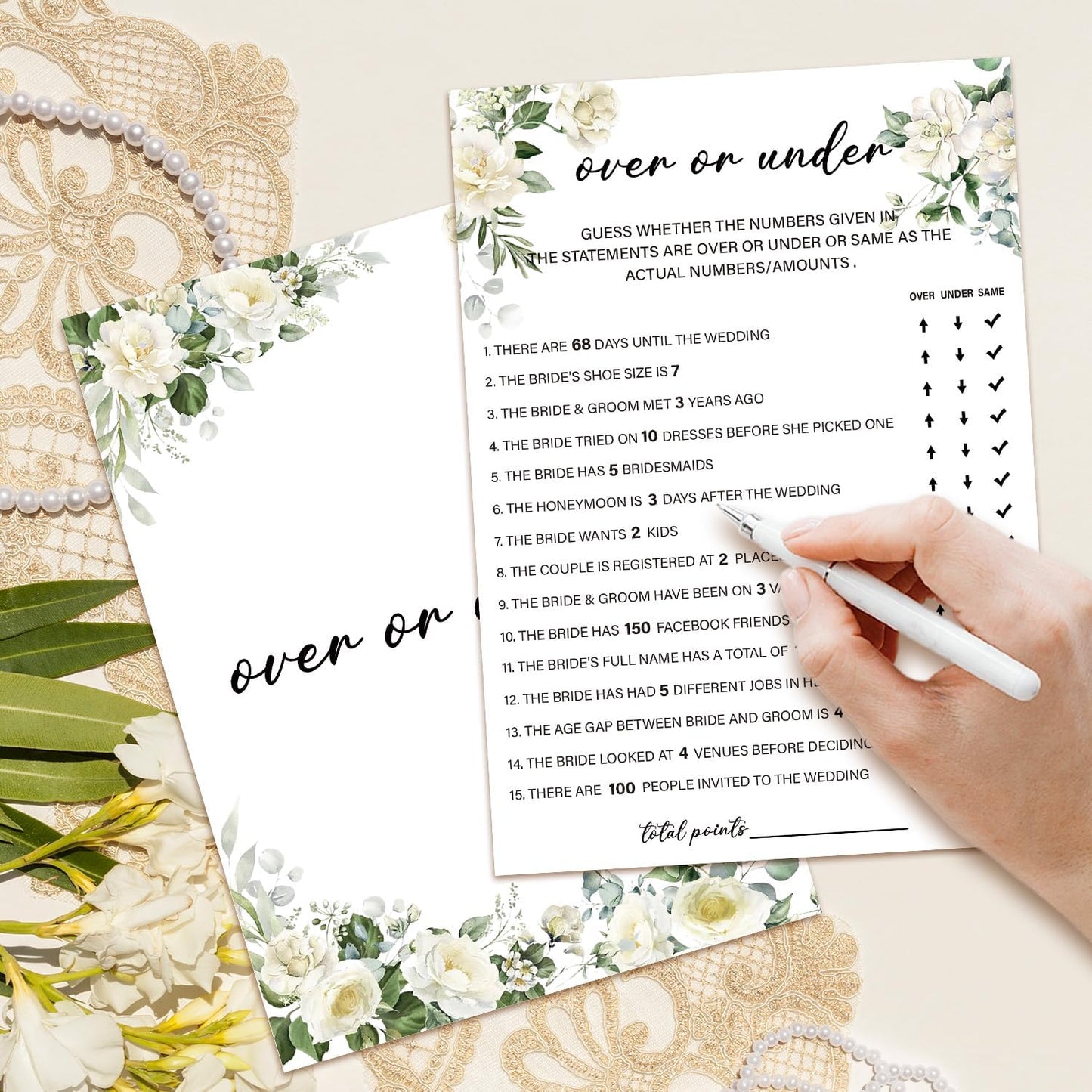 Eucalyptus Bridal Shower Games 30 Guests, Over or Under Bridal Games for Showers, White Rose Wedding Engagement Party Activity Party Supplies/Green-05