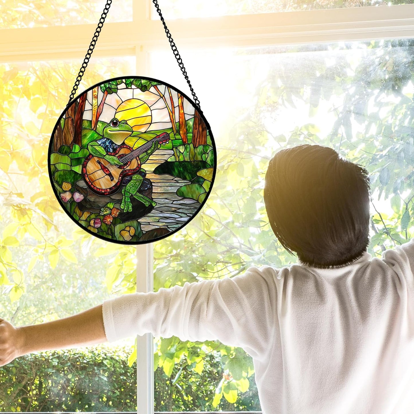 Stained Glass Window Hanging, Frog Playing Guitar Suncatcher Diamond Glass Panel Funny Sun Catchers Decor for Birthday for Women, Men, Wife, Aunt, and Mom 6.3 in