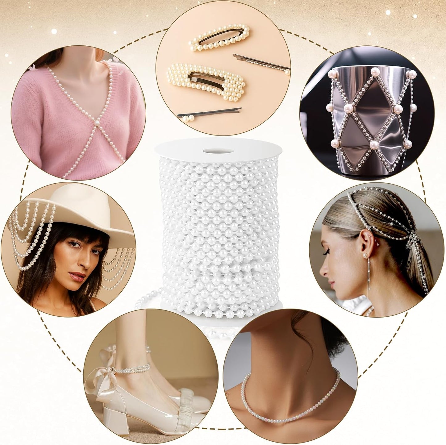 Pearl Beads Garland, 6 MM White Faux String of Pearls, Pearl Garland for Christmas Tree 82FT Pearl Beads Strand Spool Bead Roll for Crafts Floral Centerpieces Wedding Party Christmas Tree Decorations