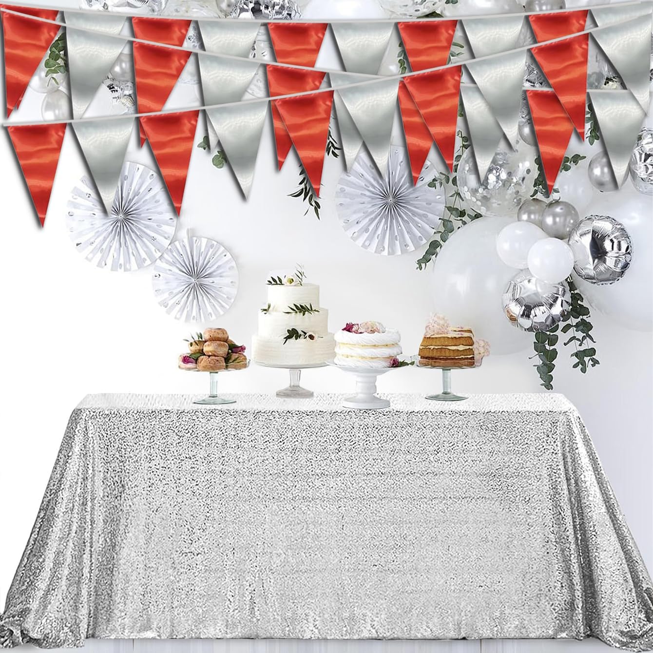 65FT Red Silver Triangle Pennant Banner Flag Metallic Fabric Bunting Garland for Christmas Graduation Wedding Engagement Anniversary Bachelorette Birthday Bridal Shower Valentines Hen Party Supplies