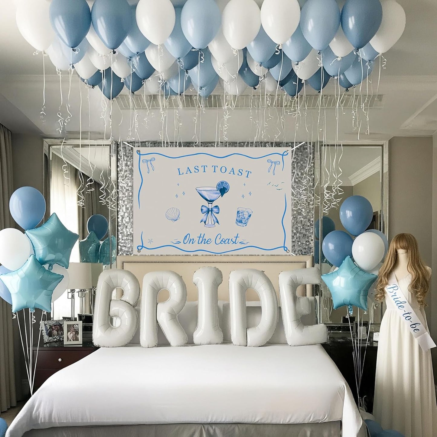 Last Toast on the Coast Bachelorette Decorations Blue bridal shower Blue Balloon Garland Kit with Backdrop Huge 40 inch BRIDE letter Diamond Ring balloons for Hen Party Wedding Engagement supplies