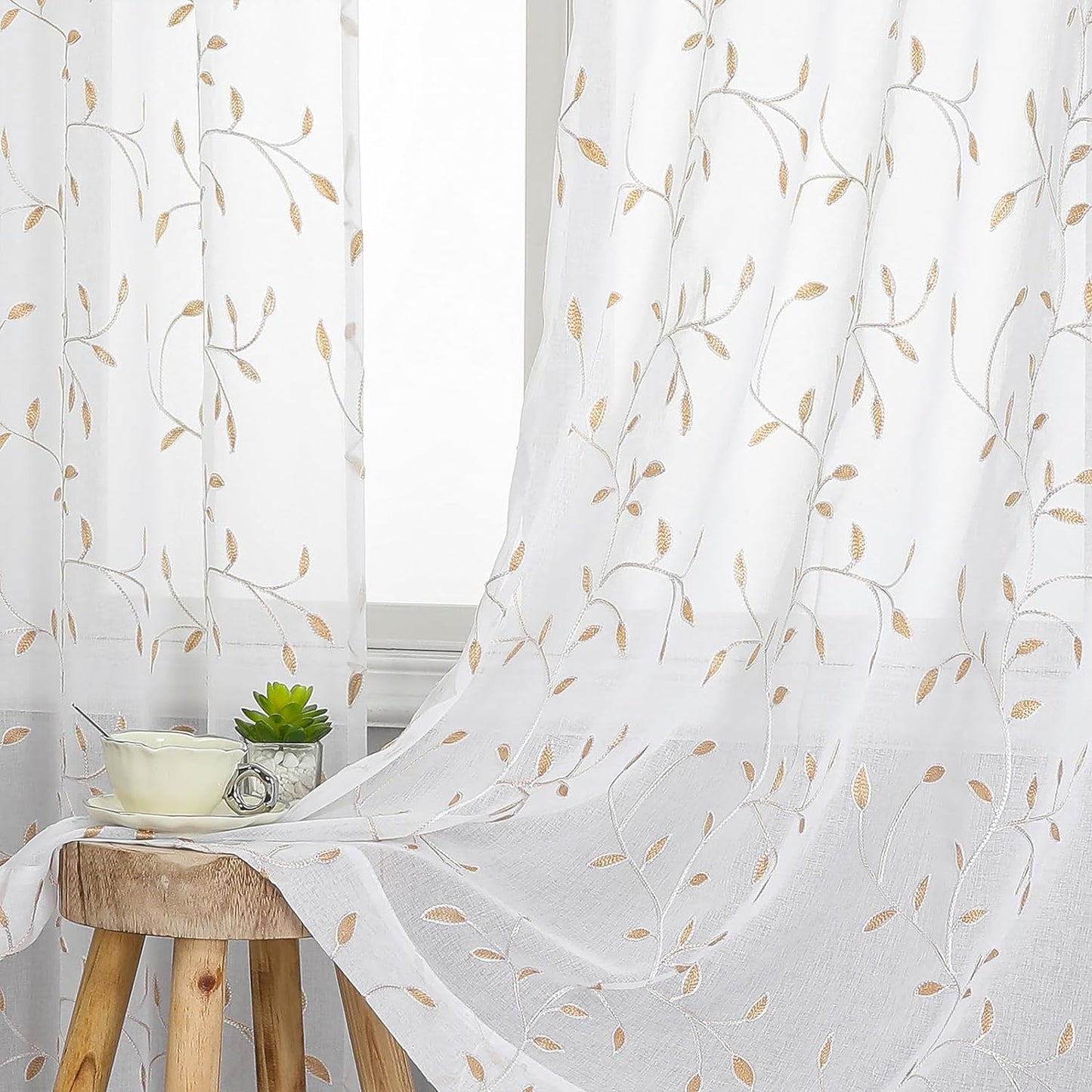 VISIONTEX White Sheer Voile Curtains, Decorative Orange Leaves Embroidery Faux Linen Rod Pocket Window Drapes for Home Kitchen, Living Room and Bedroom 54 x 72 Inch, Set of 2 Curtain Panels