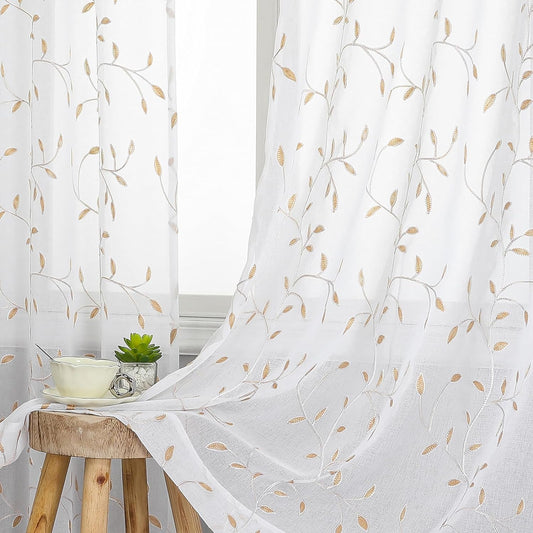 VISIONTEX White Sheer Voile Curtains, Decorative Orange Leaves Embroidery Faux Linen Rod Pocket Window Drapes for Home Kitchen, Living Room and Bedroom 54 x 72 Inch, Set of 2 Curtain Panels