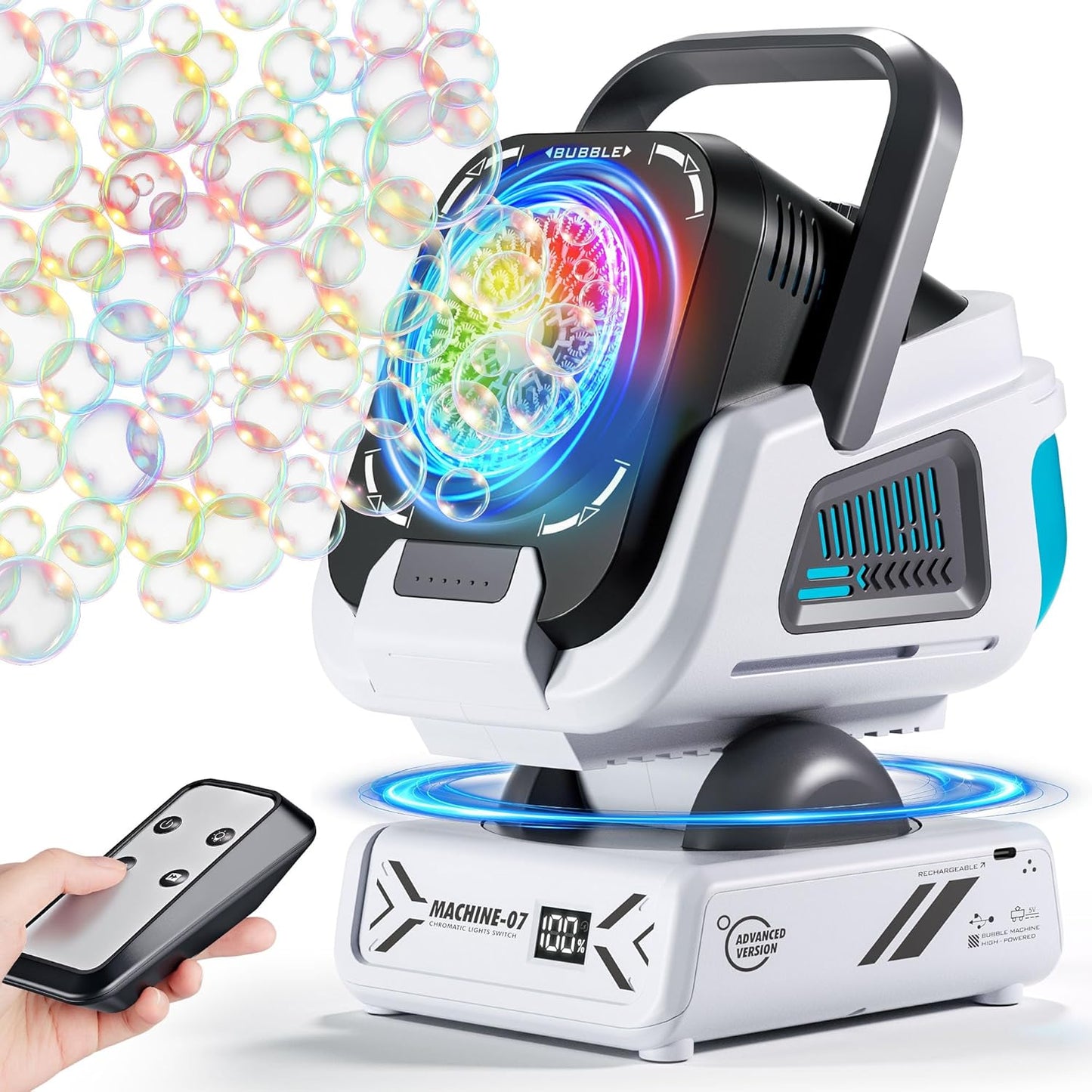2025 Upgraded Bubble Machine with Remote Control, Automatic Rotation & RGB Lights, 1800mAh Rechargeable Battery, Type-C Charge, Bubble Maker for Kids, Weddings, Birthday Parties, Outdoor Activities