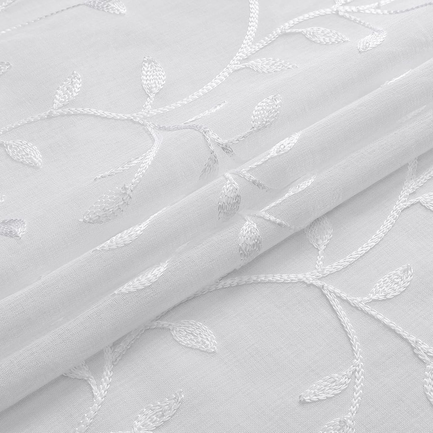 VISIONTEX White Sheer Voile Curtains, Decorative Leaves Embroidery Faux Linen Rod Pocket Window Drapes for Home Kitchen, Living Room and Bedroom 54 x 95 Inch, Set of 2 Curtain Panels
