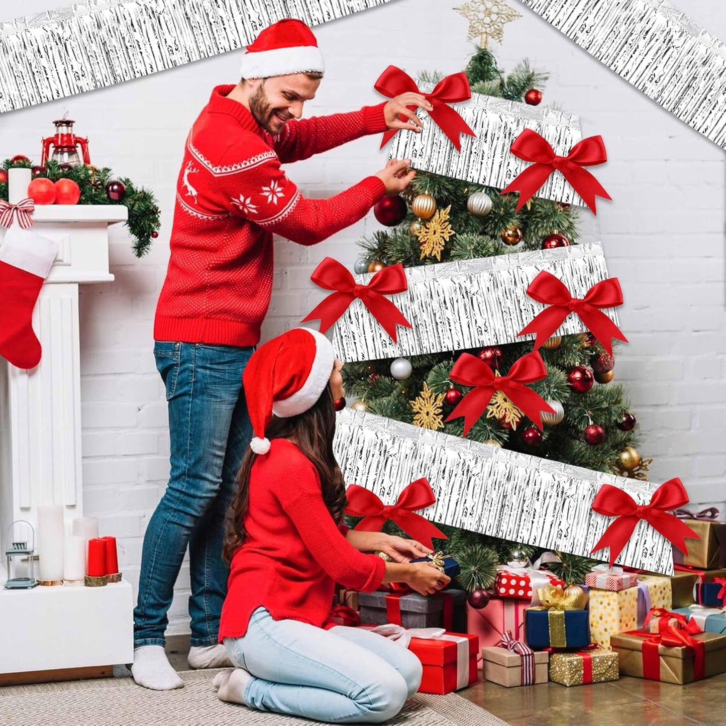 4 Pack 10 Ft Silver Foil Fringe Garland Metallic Streamers Tinsel Banner Wall Hanging Garland Backdrop for Parade Floats, Halloween, Christmas, Thanksgiving, New Year Party Decorations