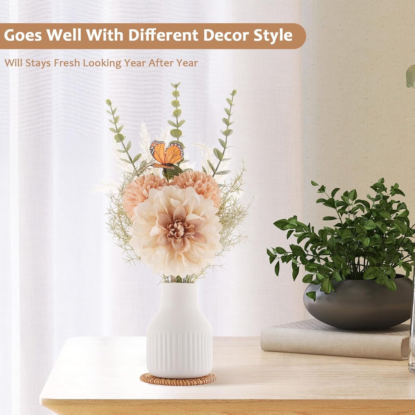 Small Fake Flowers in Vase 14" Centerpiece Table Decorations Silk Flowers Arrangements Ceramic Vase Dahlia Chrysanthemum Artificial Flowers Bouquet for Bathroom Dining Room Kitchen Wedding (White)