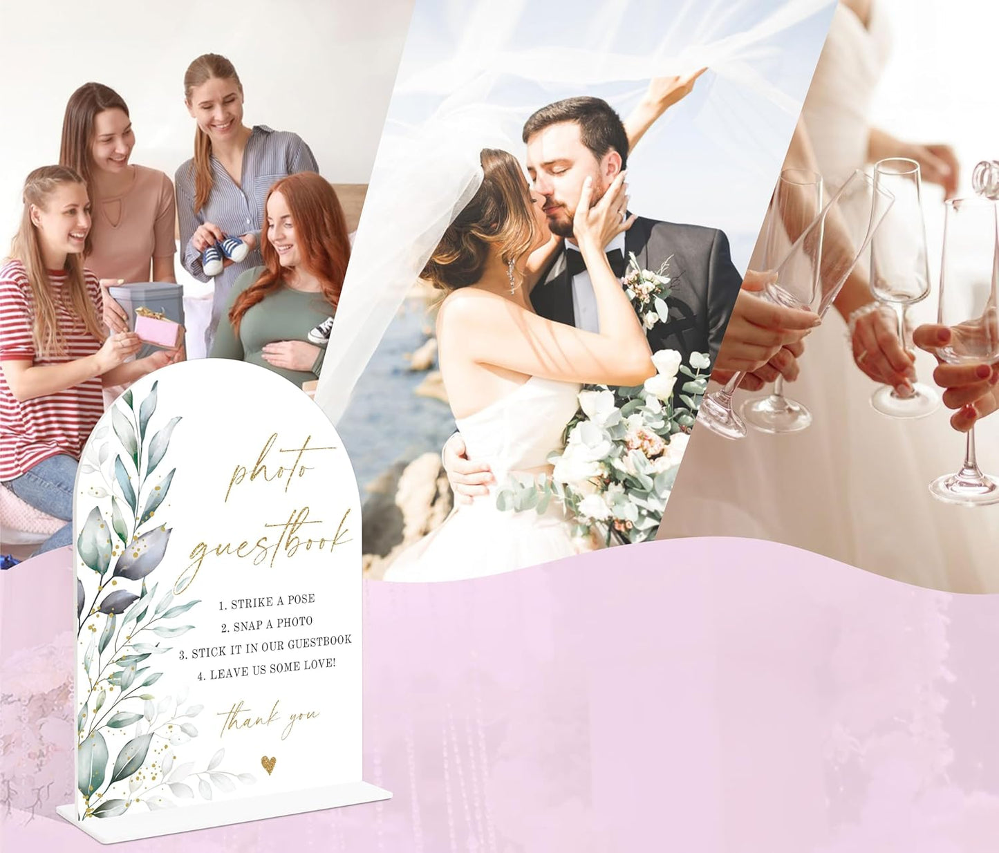 Acrylic Wedding Signs, Greenery Theme Photo Guestbook Sign, Wedding Reception Signage, Bridal Shower Table Decor with Stand, Engagement, Anniversary, Newlywed Events and Parties Supplies, 12