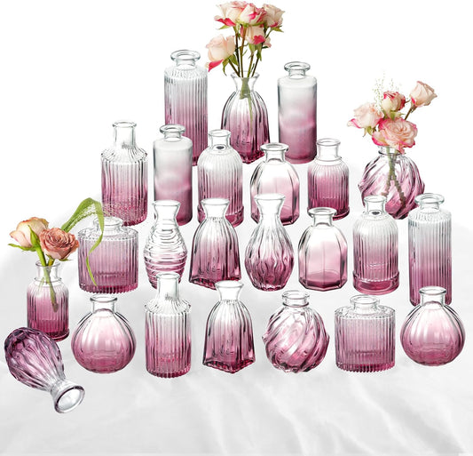 Bud Vases 24 in Bulk, Small Purple Vase Glass Vases for Flowers Vintage Ribbed Colored Wedding Flower Vase for Decor in Bulk Decor Bridal Shower Centerpieces Home Table Decoration