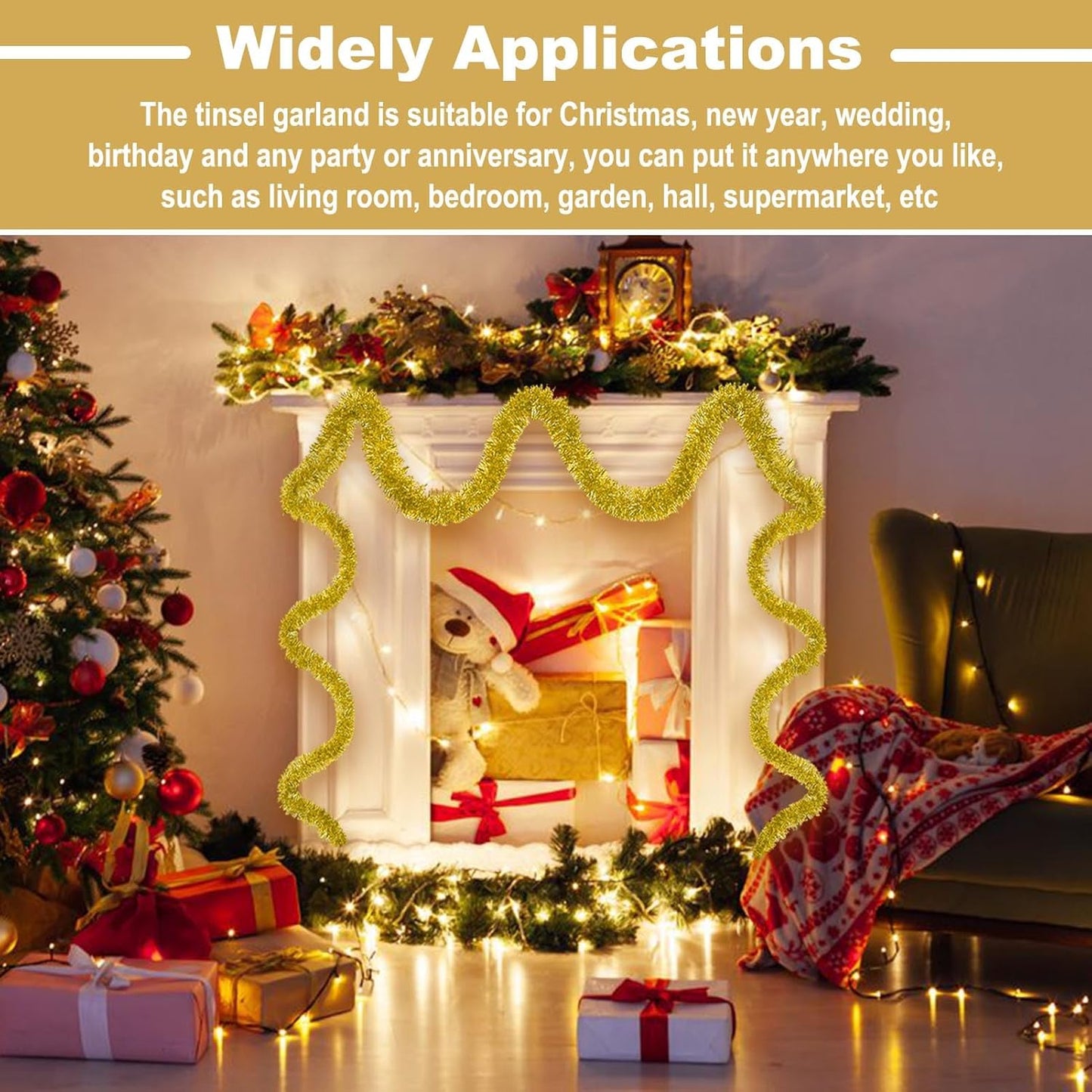 25 Feet Christmas Tinsel Garland, Metallic Twist Wall Hanging Tinsel Backdrop for Parade Floats, Carnival, Birthday, Wedding, New Year Party Decorations (Gold, 4in x 25ft)