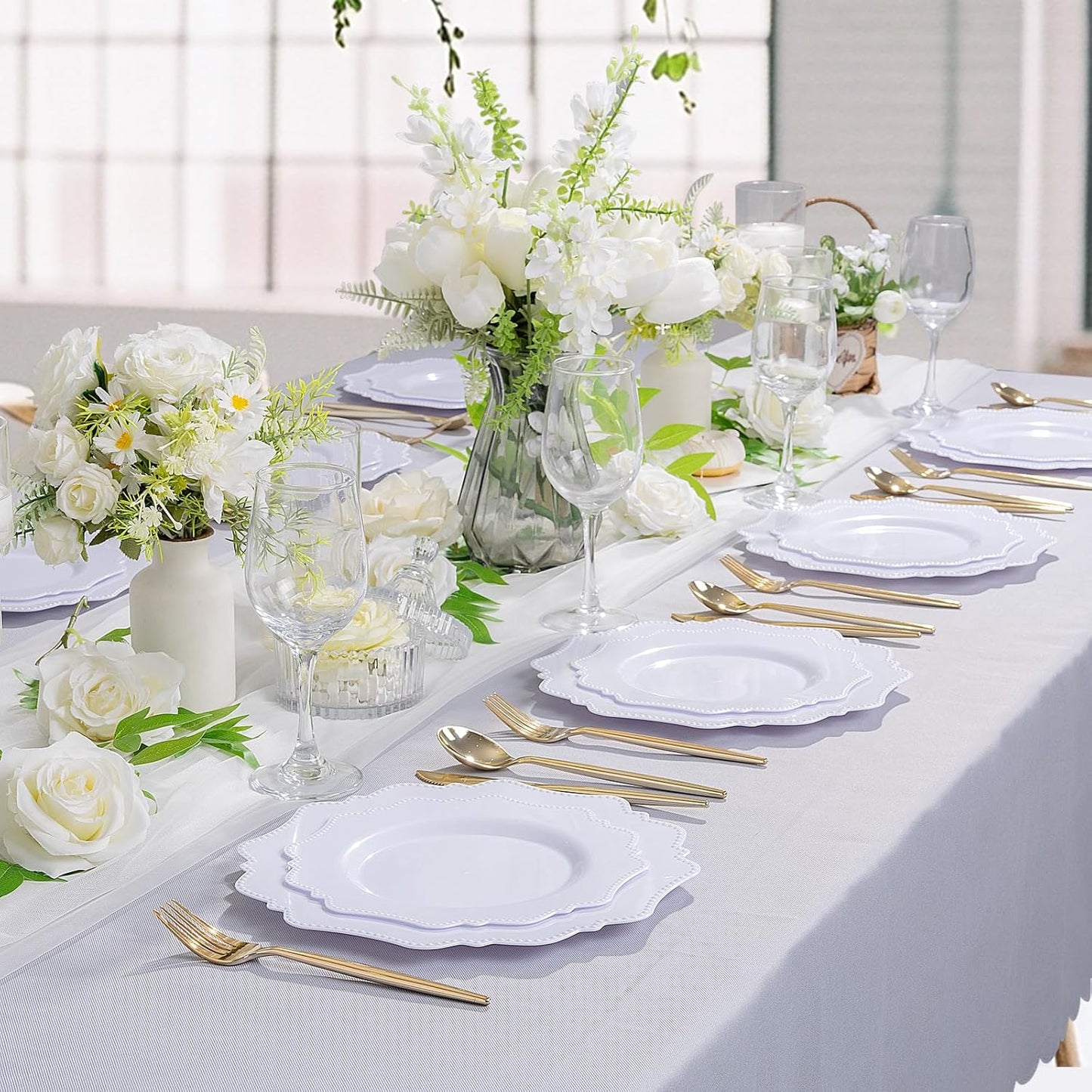 COLOSUS 100pcs 9.5 Inch-White Plastic Dinner Plates, Fancy White Plastic Plates,Heavy Duty Disposable Dinner Plates for Party Wedding and Everyday Use