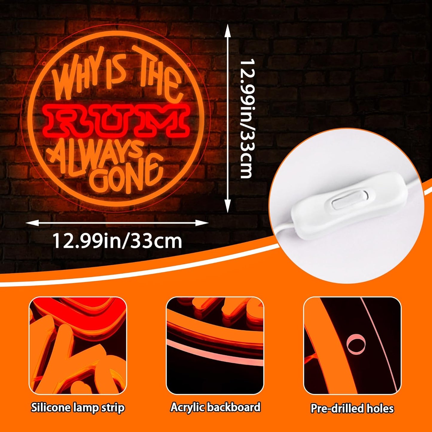 Beer Neon Sign for Wall Decor Bar Signs for Home Bar Decoration for Home Rum Neon Light for Man Cave Beer LED Light Up Sign for Bedroom Shop Party Club Wall Decor Gifts for Men Size12.9*12.9in(JTD236)