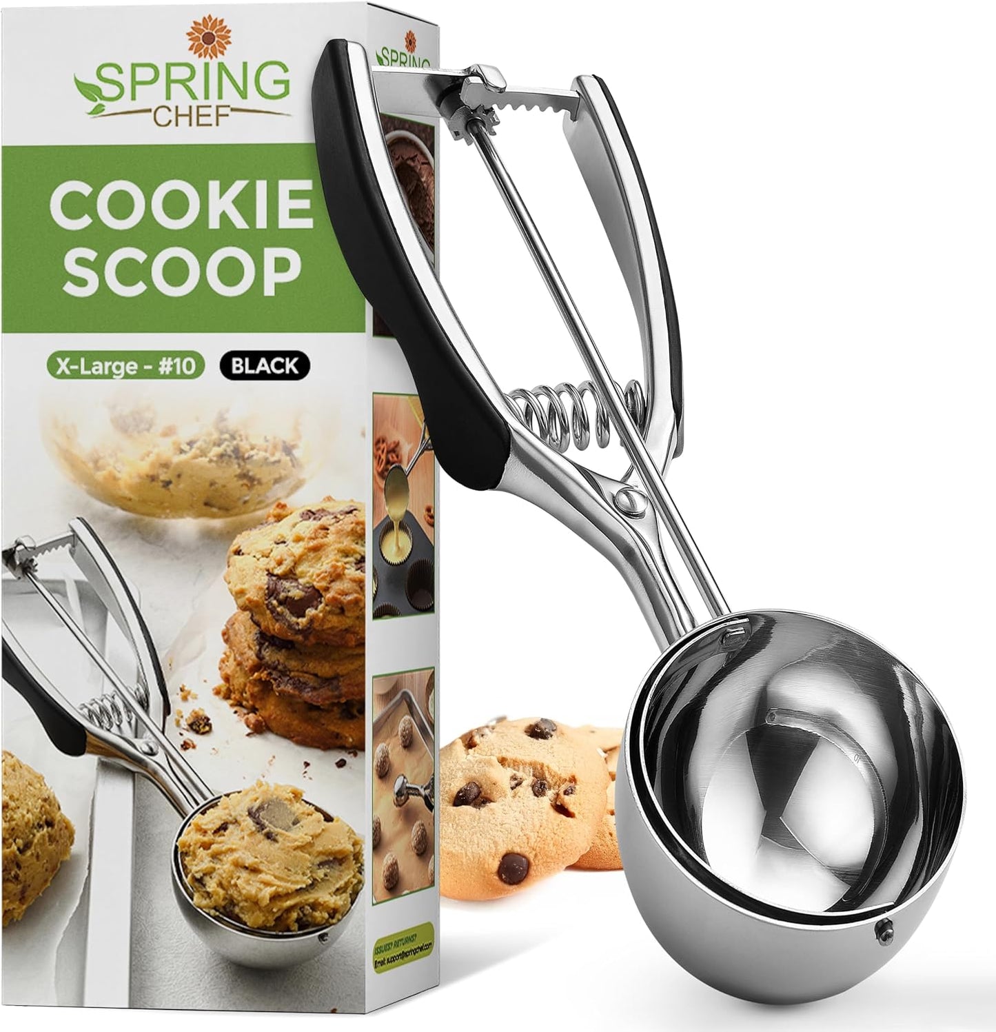 Spring Chef Extra Large Cookie Scoop, 18/8 Stainless Steel Melon Baller Scoop, Spring Loaded Trigger Release for Cookie Dough, Ice Cream, Meatball, Cupcake, 5.5 tablespoon (tbsp) portion, #10, Black