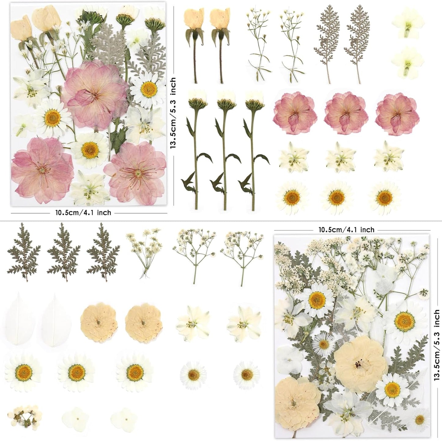 80 Pcs Dried Flowers for Crafts, Real Natural Dried Pressed Flowers in Soft Yellow, White & Pink Tones for Resin, DIY Art, Jewelry, Candle & Soap Making – Tweezers Included