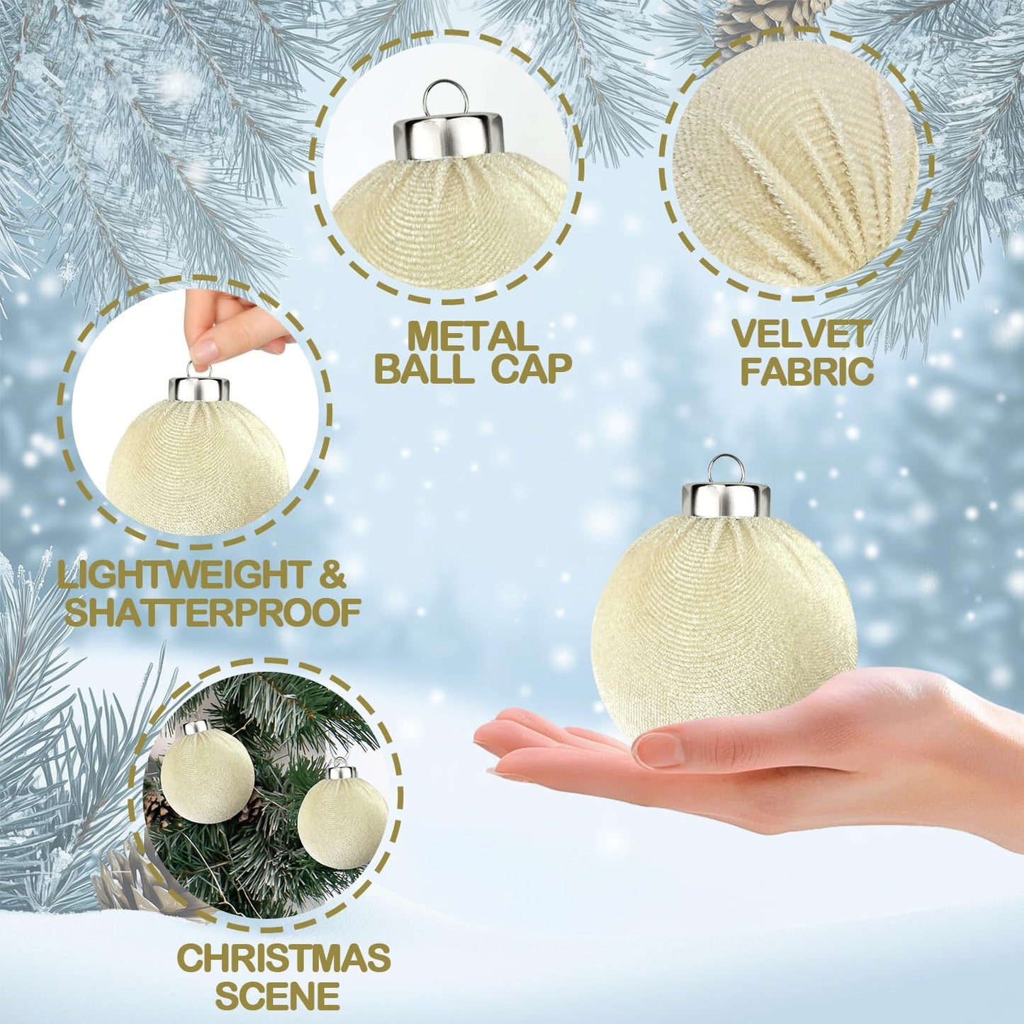 Beige Velvet Christmas Ball Ornaments for Tree 15 PCS, Large Neutral Flocked Christmas Bulbs Ornaments Set, Shatterproof Xmas Hanging Baubles Decorations (Beige, 3.15 Inch)