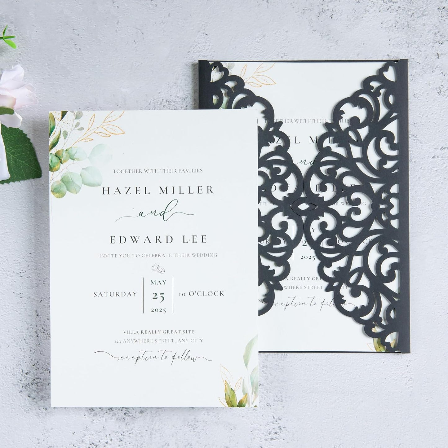 20Pcs Black Laser Cut Invitation Cards With Blank Inner Sheets for Wedding Cards Bridal Shower Engagement Quinceanera Invitation (No Envelopes)