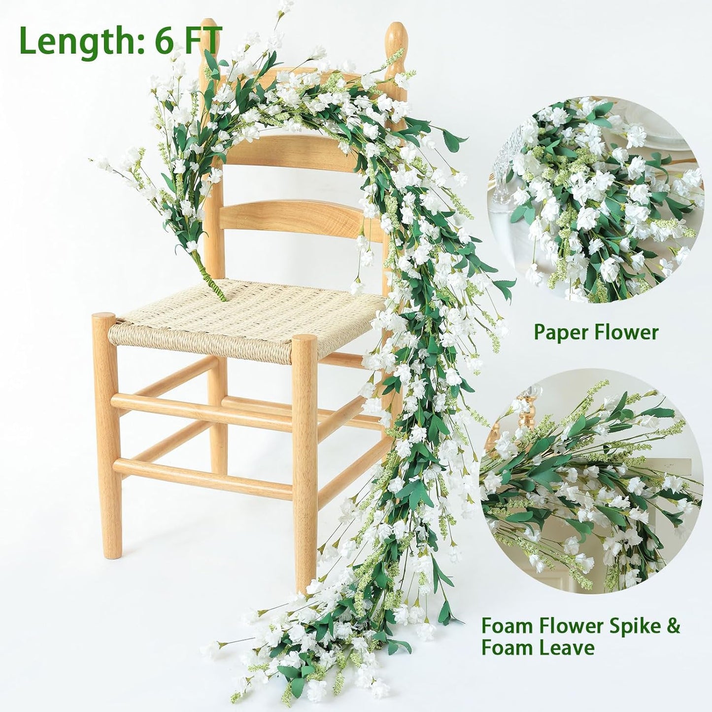 Mizii White Artificial Flower Garland 6FT Fake Wildflower Floral Garland Hanging Vines Spring Summer Flowers Decorations for Mantle Table Centerpieces Room Wall Fireplace Wedding Decor (White)