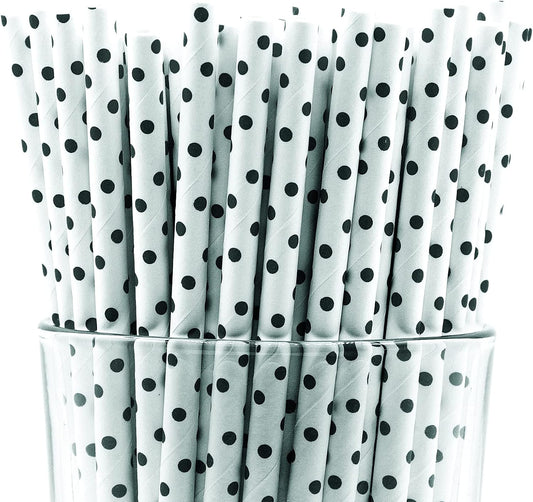 Pack of 900 Black Polka Dot Biodegradable 4-Ply Paper Drinking Straws (Compostable, Non-toxic, BPA-free)