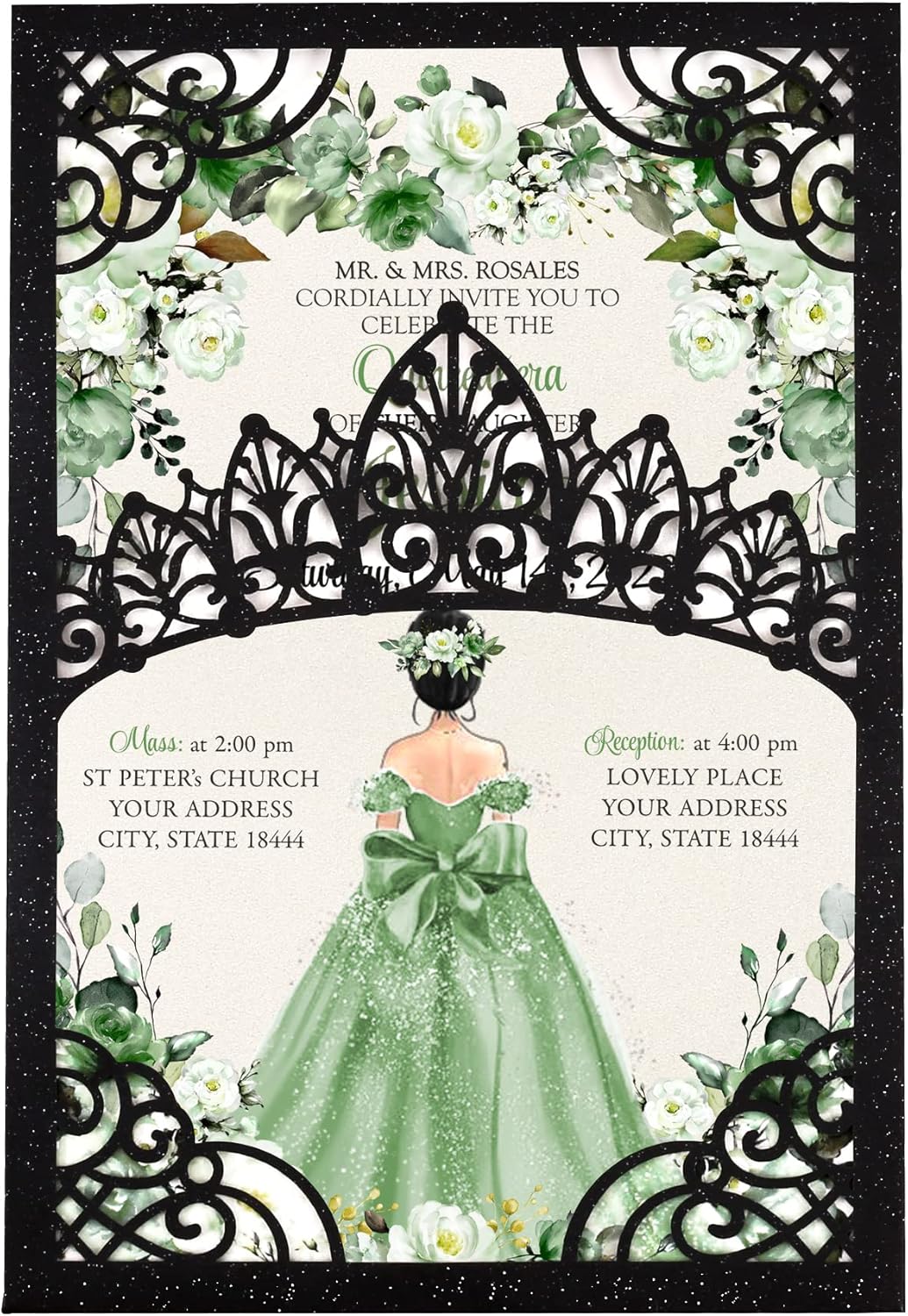 50Pcs Sage Green Crown Invitations for Quinceanera, 15 year, Sweet 16, Miss XV, Birthday Laser Cut Quince Invitation Cards Personalized Pearlized Black