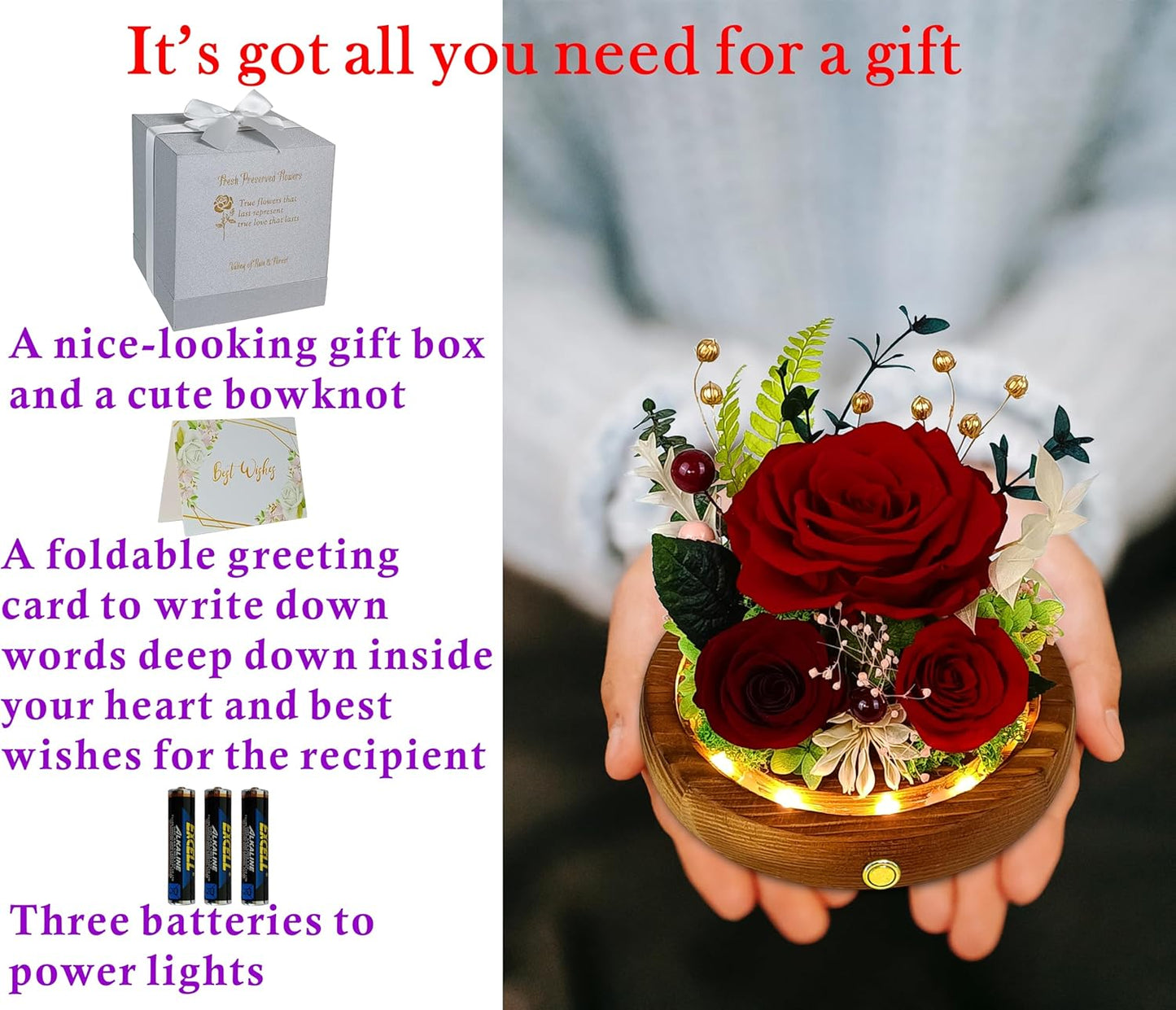 Valley of Rain & Forest Long-Lasting Real Flowers, Unique Floral Gift for You to Send Love for All Occasions, for Indoor Decoration (Dark Red Rose Arrangement)