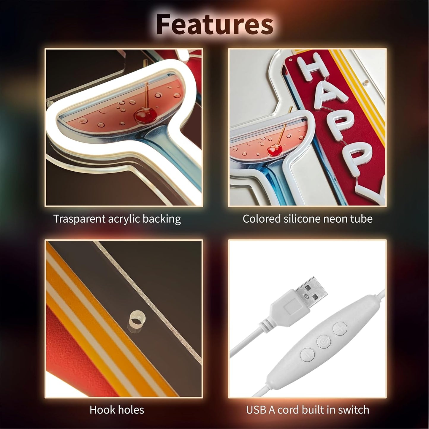 Happy Hour Neon Signs Dimmable Retro Led Happy Hour Club Neon Light for Bar Club Pub Party USB Powered Neon Light Sign Man Cave Gifts