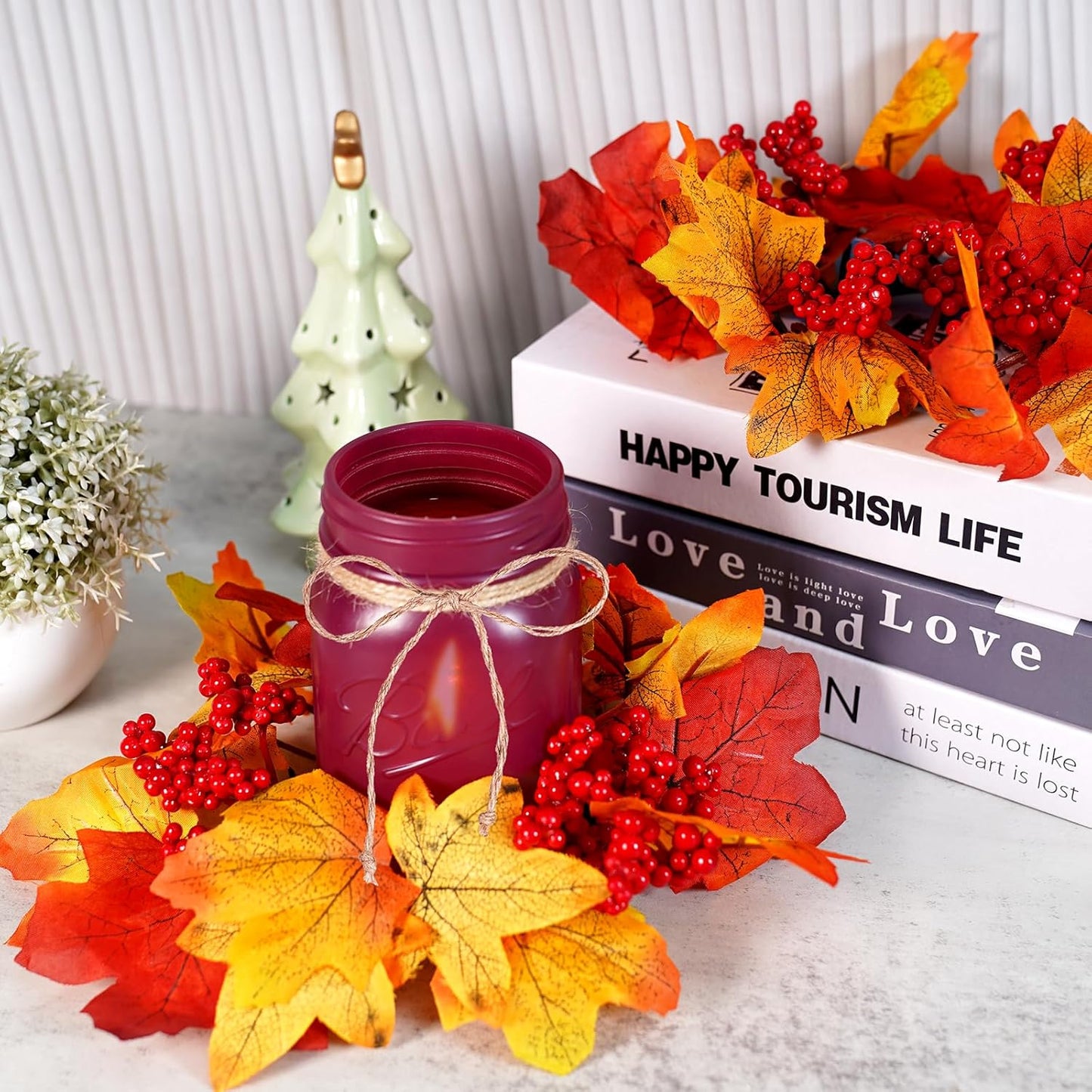 Fall Mason Jar Centerpieces for Tables – Thanksgiving Table Decorations with Autumn Leaves & Berries, Autumn Candle Holder Wreath Rings, Fall Taper Candle Rings for Dining Table