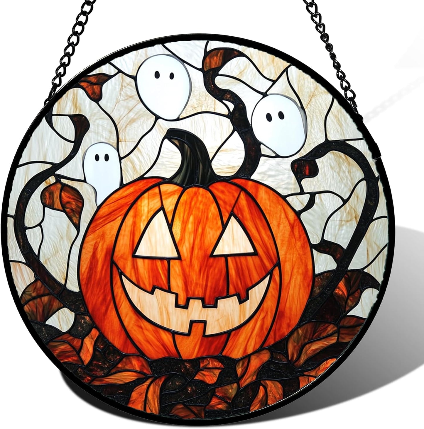 Stained Glass Window Hanging - Halloween Decorations Pumpkin Ghost Suncatcher for Doors Garden Indoor Spooky Funny Orange Sun Catchers Gothic Decor Horror Gifts for Women Men Friend 6.3 in