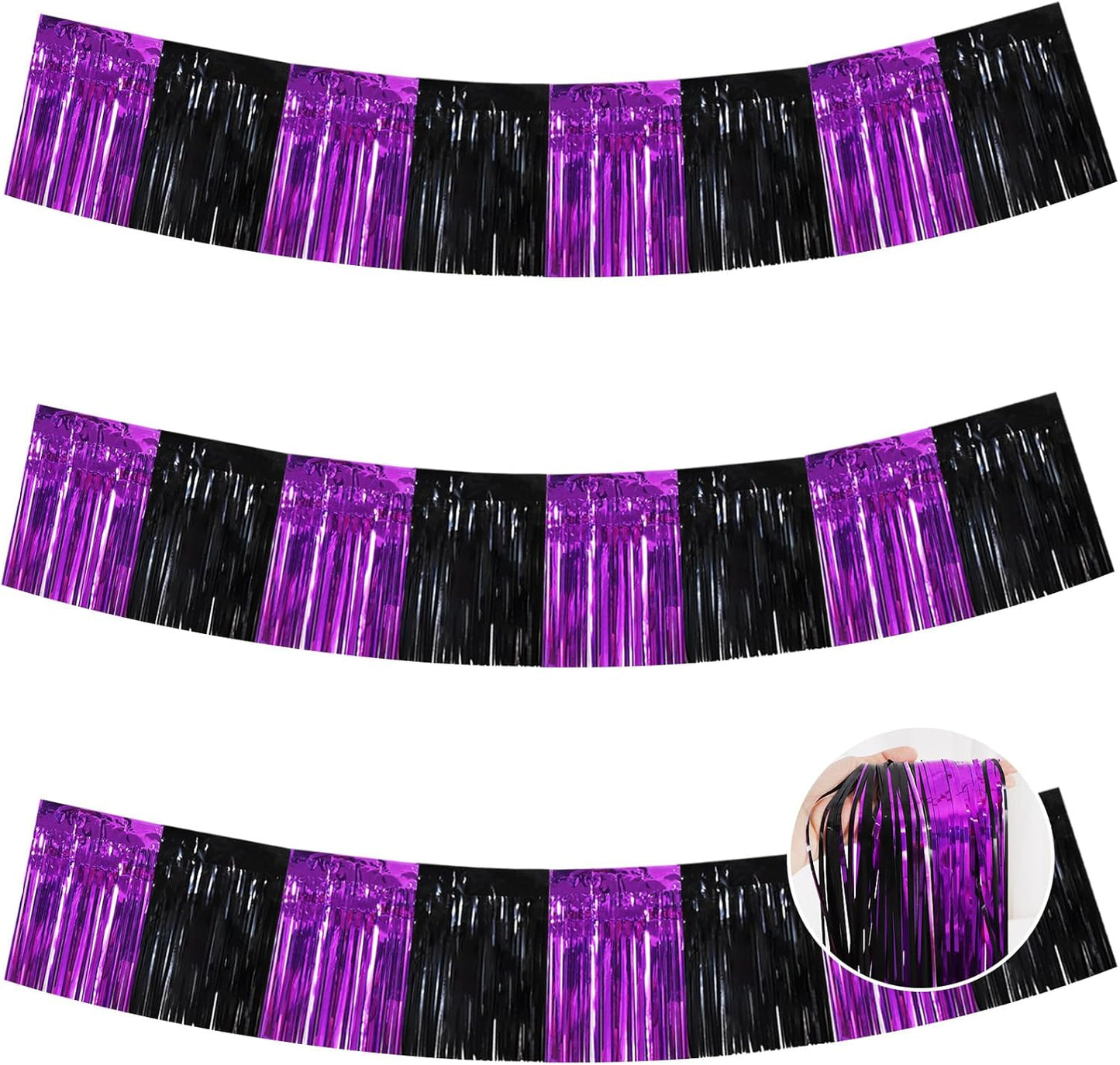 BEISHIDA 3 Packs Metallic Foil Fringe Garland Black Purple Wall Hanging Tinsel Fringe Banners for Halloween Car Floats Bridal Shower Wedding Birthday Easter Graduation Holiday Party Decoration (30 Ft)