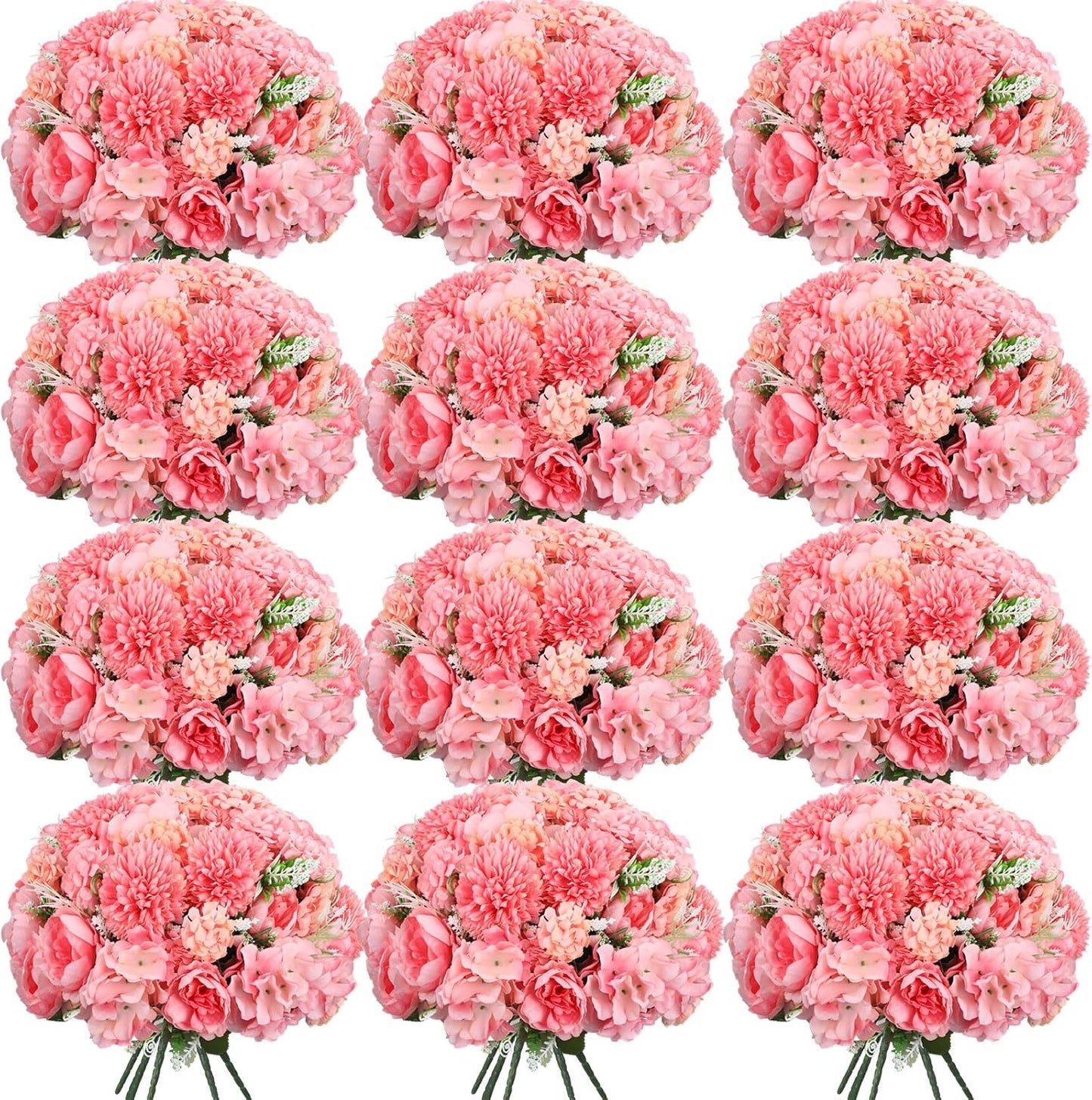 Tigeen Artificial Flowers Artificial Peonies Silk Flowers Faux Peony Fake Peony Silk Hydrangea Bouquet for Wedding Table Centerpiece Floral Vase Decor(Rose Pink,12 Bundles)