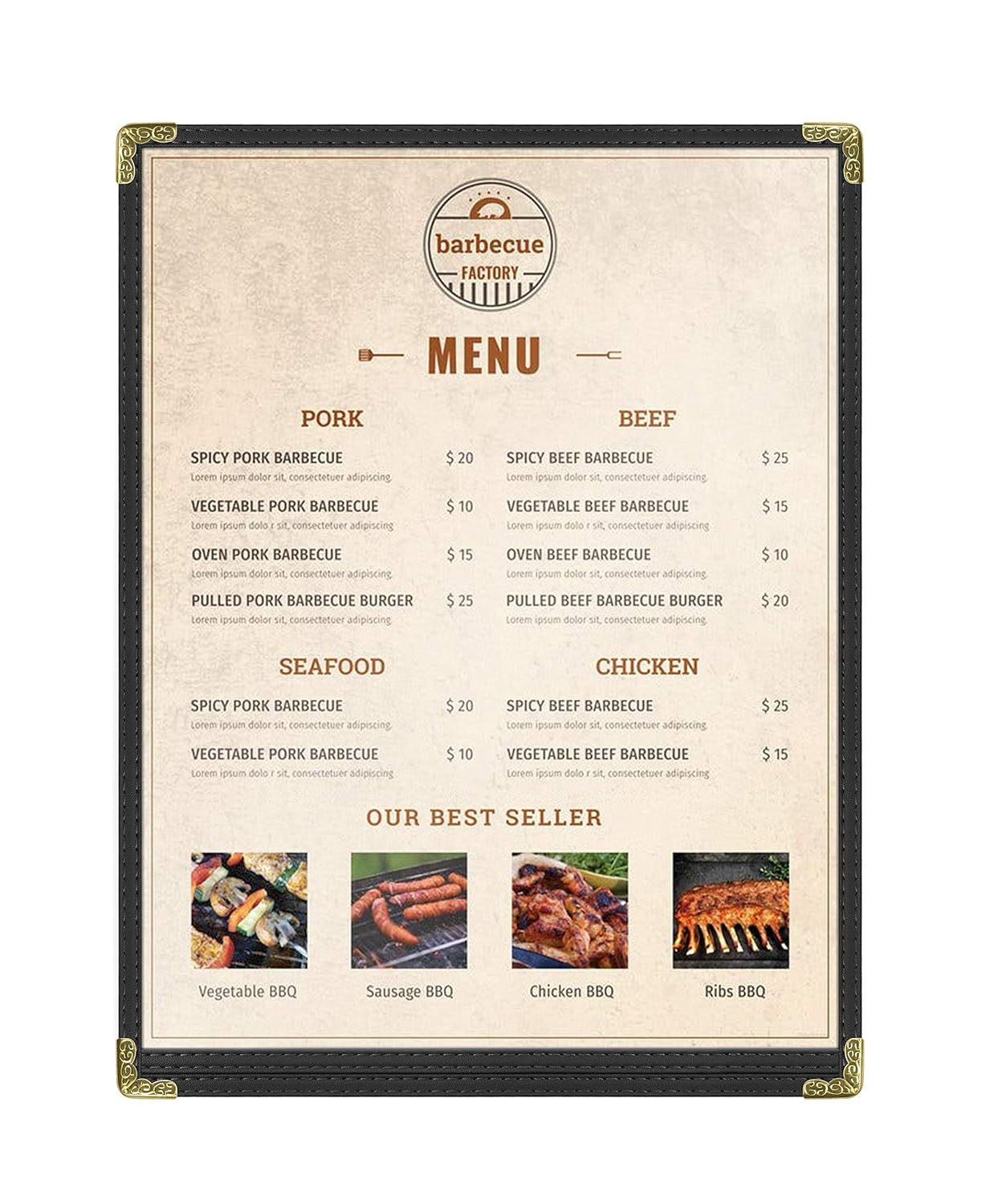 Goodsmart Restaurant Menu Covers – 25 Pack Black 2-View, Top-Loading Menu Holders, Vinyl & Plastic Café Menu Covers, Clear Menu Sleeves, Fits 8.5" x 11", Leather-Style Design, Gold Corners