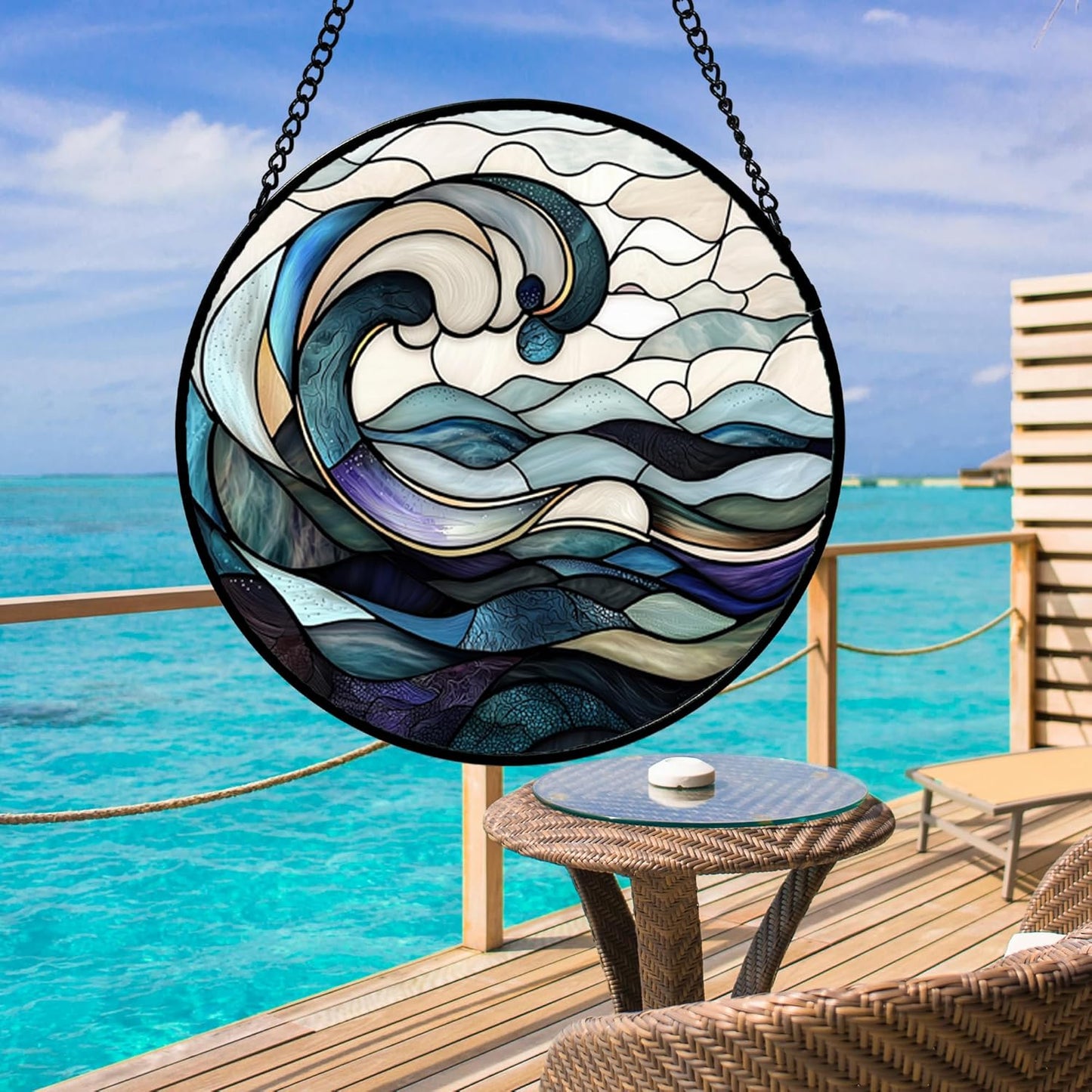 Stained Glass Window Hanging, Ocean Waves Sun Catchers Diamond Glass Panel Hangings Abstract Suncatcher Decor for Birthday for Women, Men, Wife, Aunt, and Mom 14.9x14.9 in