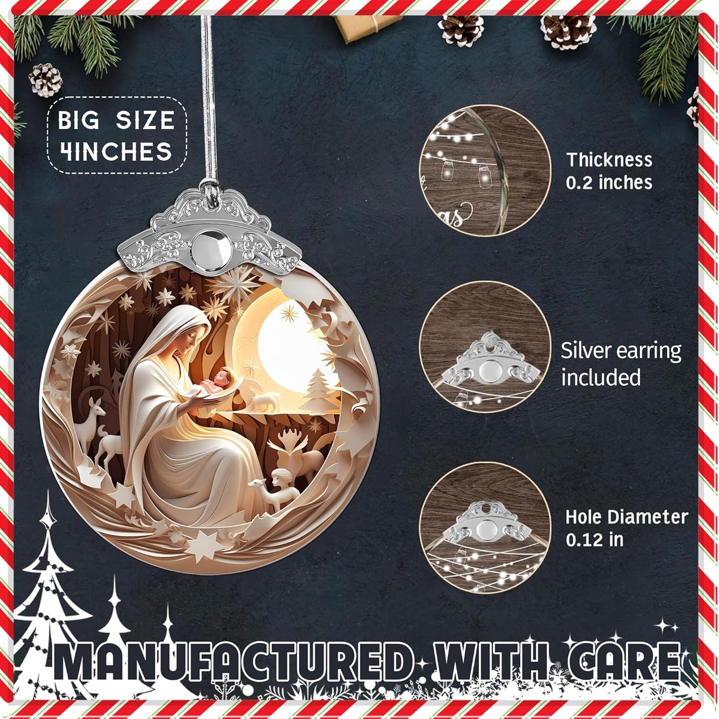 Christmas Ornament, White Nativity Design, Religious Christmas Ornament, Hanging Ornament, Acrylic, 2023, 4 INCH, for Holiday Party