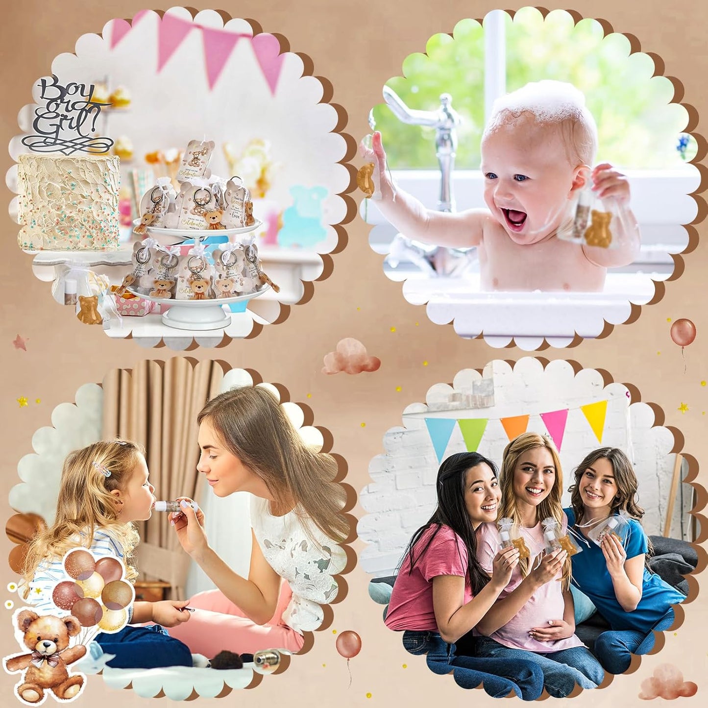 288 Baby Shower Favors: 48 Sets of Lip Balms, Soaps, Keychains, Organza Bags, Thank You Tags & Cards for Boys & Girls Baby Shower Gifts (Brown, Bear)