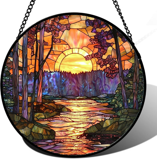 Stained Glass Window Hanging, Orange Landscape Green Purple Lake Forest Suncatcher for Doors Window Home Sun Catchers Decor Mother's Day Birthday Gifts for Women Men Mom 7.8 in