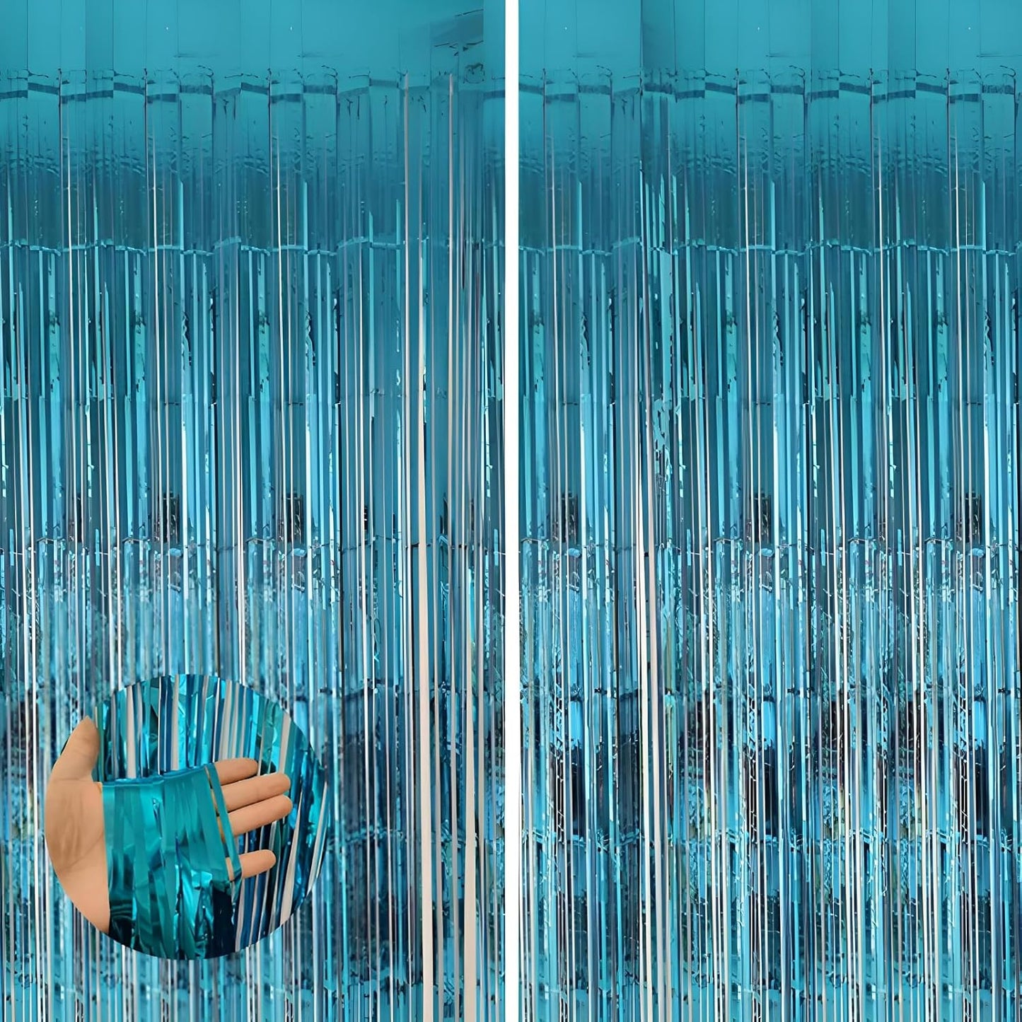 Keyali 2 Pack 3.3 * 8.3 ft Foil Curtain Metallic Tinsel Fringe Curtains Photo Booth Props Backdrop for Birthday Wedding Engagement Baby Shower Christmas Holiday Celebration Partyl,Light Blue