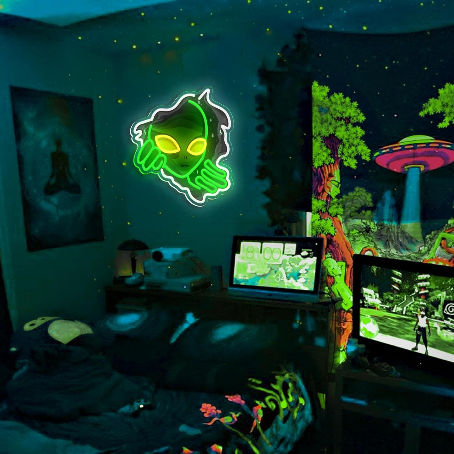 Alien Neon Sign,Dimmable Green Alien Led Neon Lights for Wall Decor Game Room Home Bar Party Bedroom Man Cave Decor,USB Powered Alien Light up Sign Gifts for Kids Teen Boy Room Decor