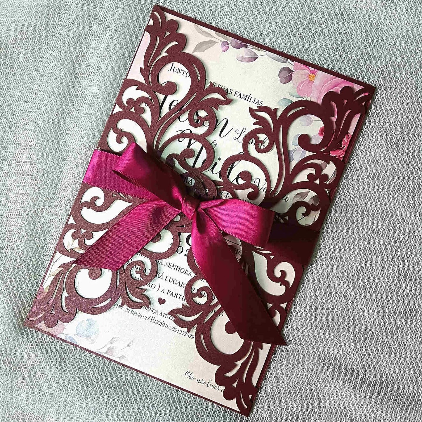 25PCS Laser Cut Burgundy Wedding Invitations Cards with Envelopes,Blank Inner Sheets,Ribbons for Wedding Bridal Shower Quinceañera Engagement Birthday Invites, (B001)