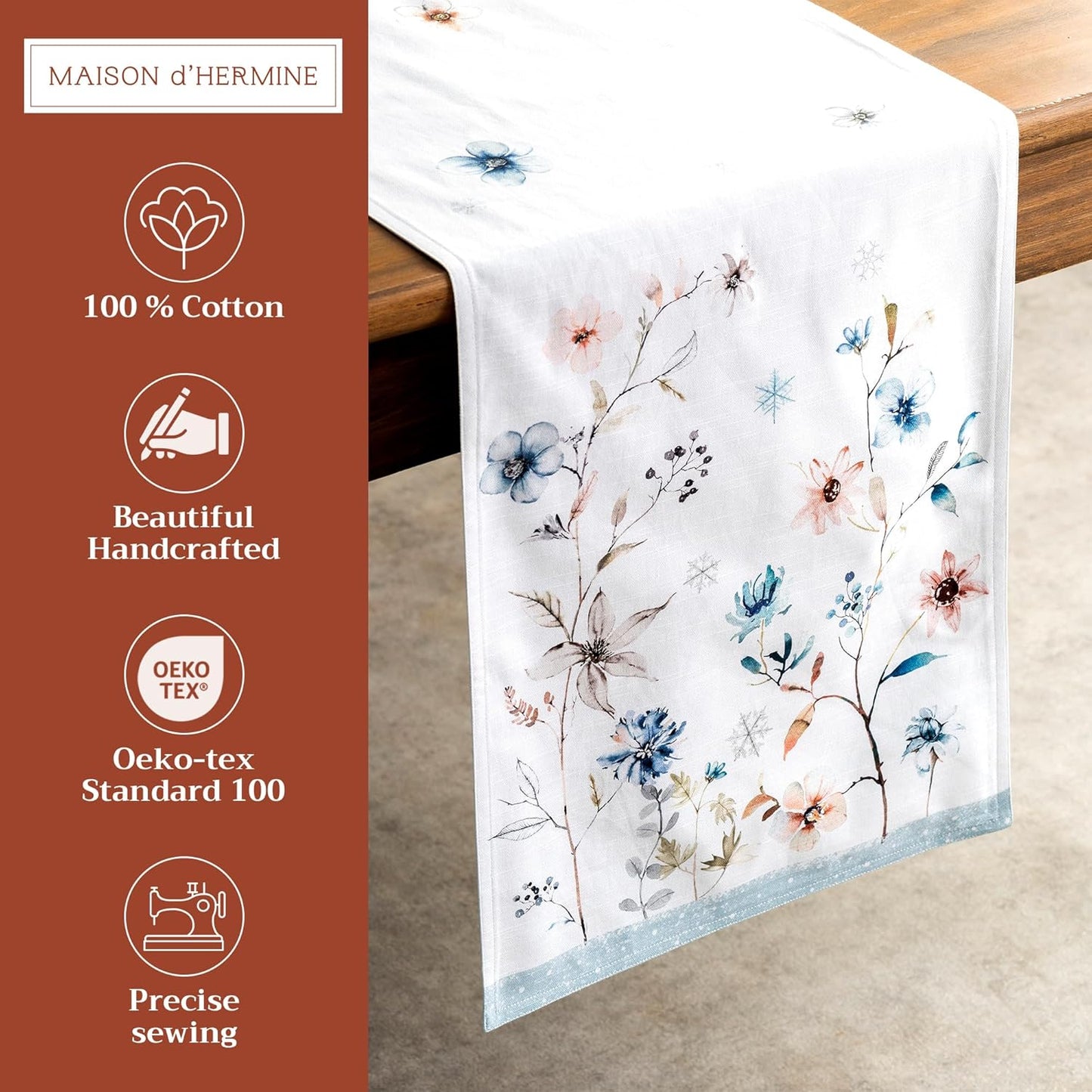 Maison d' Hermine Table Runner 100% Cotton Double Layer Table Runners 72 inches Long for Thanksgiving Christmas Decorations Home Kitchen Dining Party Wedding (Ice Florals, 14.5" x 72")