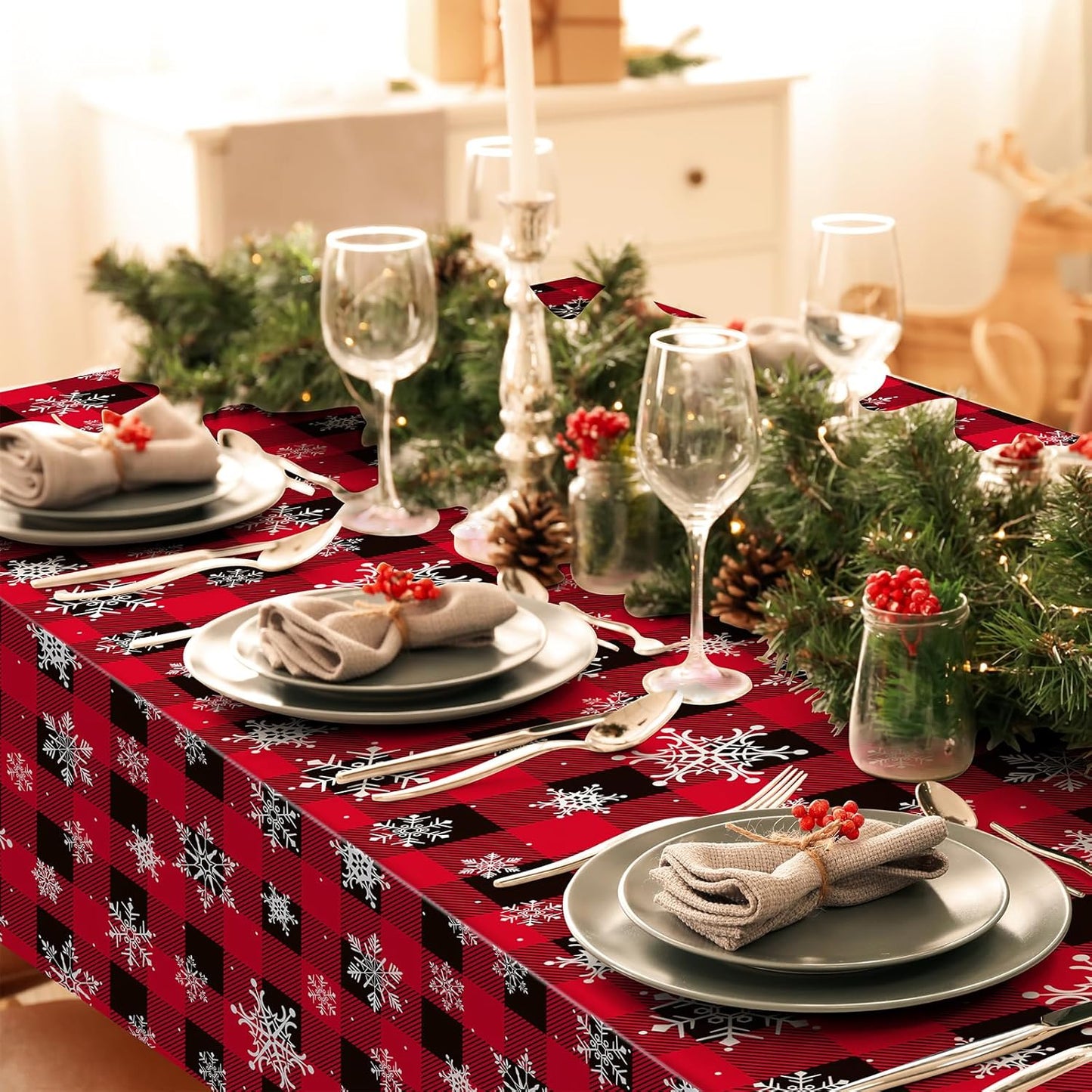 1 Pieces Red and Black Buffalo Plaid Merry Christmas Party Tablecloth Decorations,Plastic White Snowflake Buffalo Plaid Sign Table Cover for Winter Christmas Holiday Party Supplies,54x108 inch