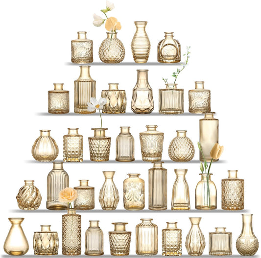 Amber Glass Bud Vases Set of 36, Mini Flower Vase for Centerpieces, Small Gold Bud Vases in Bulk for Wedding Decorations, Vintage Vase for Table, Recepetion, Home Décor