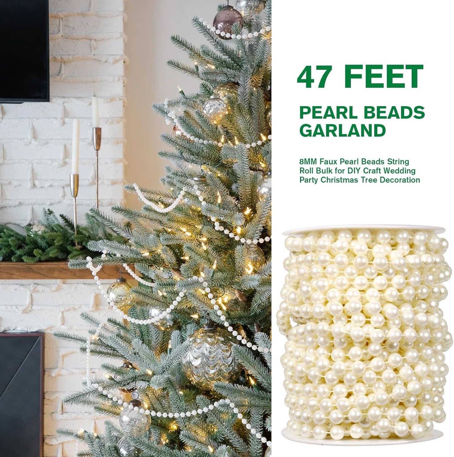 [47Feet] Pearl Beads Garland, 8MM 15.7 Yards Faux Pearl Beads String Roll Bulk for DIY Craft Wedding Party Christmas Tree Decoration