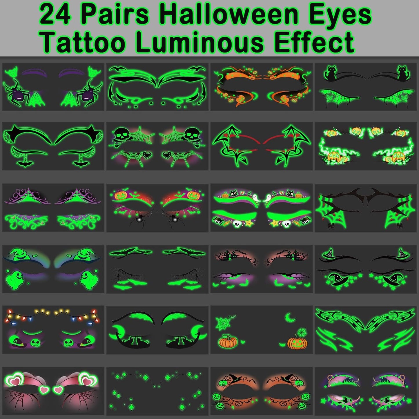 24 Pairs Halloween Luminous Eye Shadow Temporary Tattoos, Eyeliner Tattoo Stickers Spider Web Bat Pattern, Glow in the Dark Eyeliner Fake Tattoos for Women Men Eye Makeup Halloween Party Supplies
