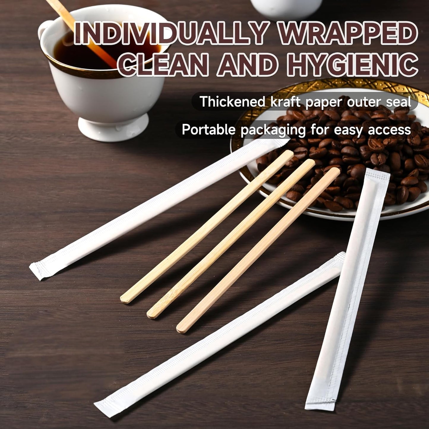 VIWIK 500 Pack Coffee Stirrers 5.5 Inch Coffee Bar Accessories - Individually Wrapped Wood Bamboo Coffee Stir Sticks, Disposable Bamboo Stir Sticks