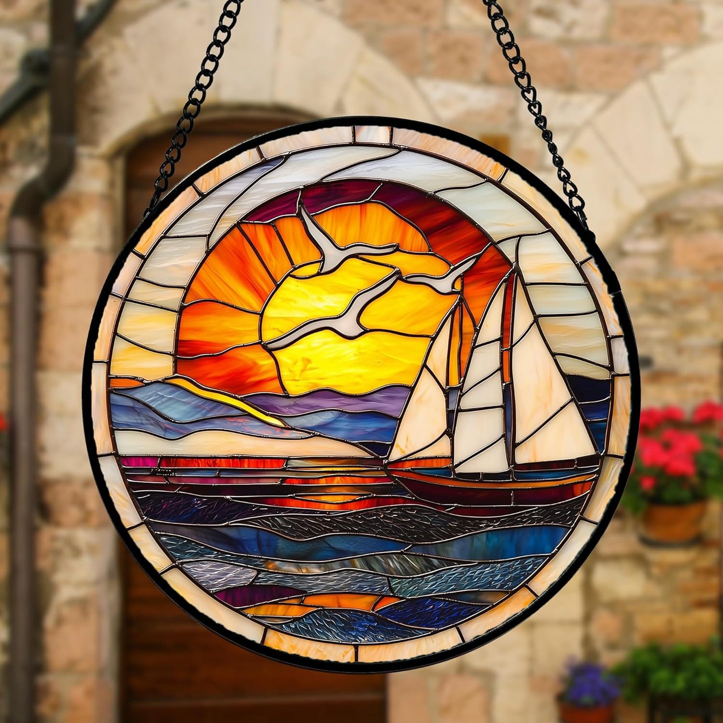 Stained Glass Window Hanging, Sun Ocean Sailboat Seagull Abstract Suncatcher Diamond Glass Panel Sun Catchers Decor for Birthday for Women, Men, Wife, Aunt, and Mom 9.8 in