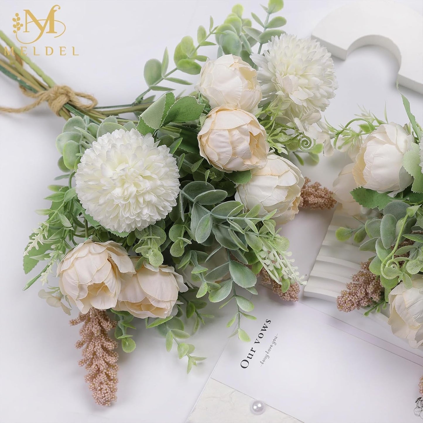 Meldel 3Pcs Rose Bouquet Light Champagne Artificial Flowers Peony Eucalyptus Plants Silk Flower Arrangements Wedding Bouquets Decorations Plastic Floral Centerpieces for Home Kitchen Party Decor