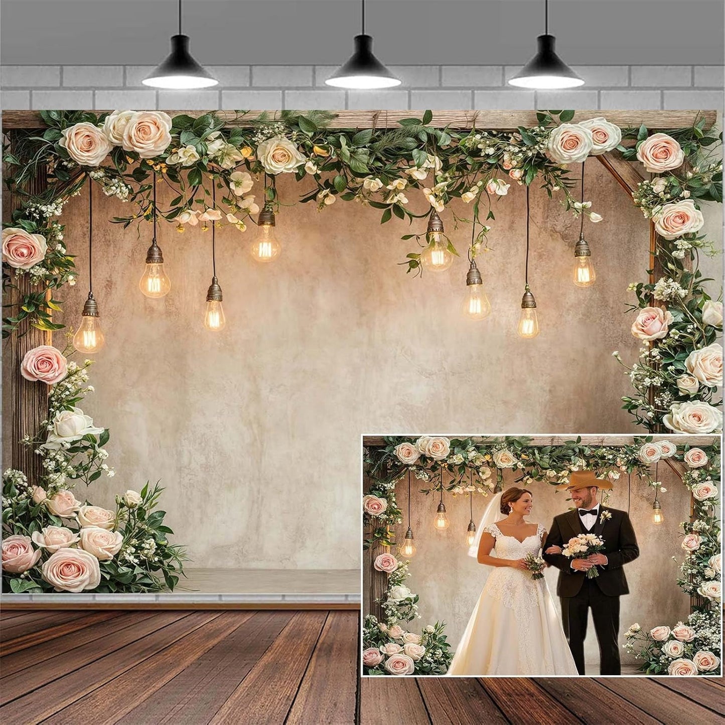 7x5ft Country Wedding Photography Backdrop Floral Rustic Roses Farmhouse Wooden Door Backdrop Pink Flower Birthday Baby Shower Wedding Bridal Party Banner Photo Booth Props Anniversary Background